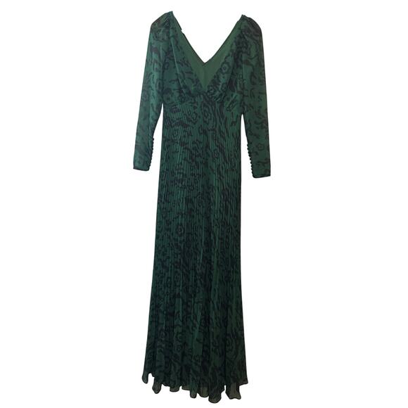 Self-Portrait Green Black Leopard Print Pleated Chiffon Maxi Dress Sz 4 Evening - Picture 3 of 9